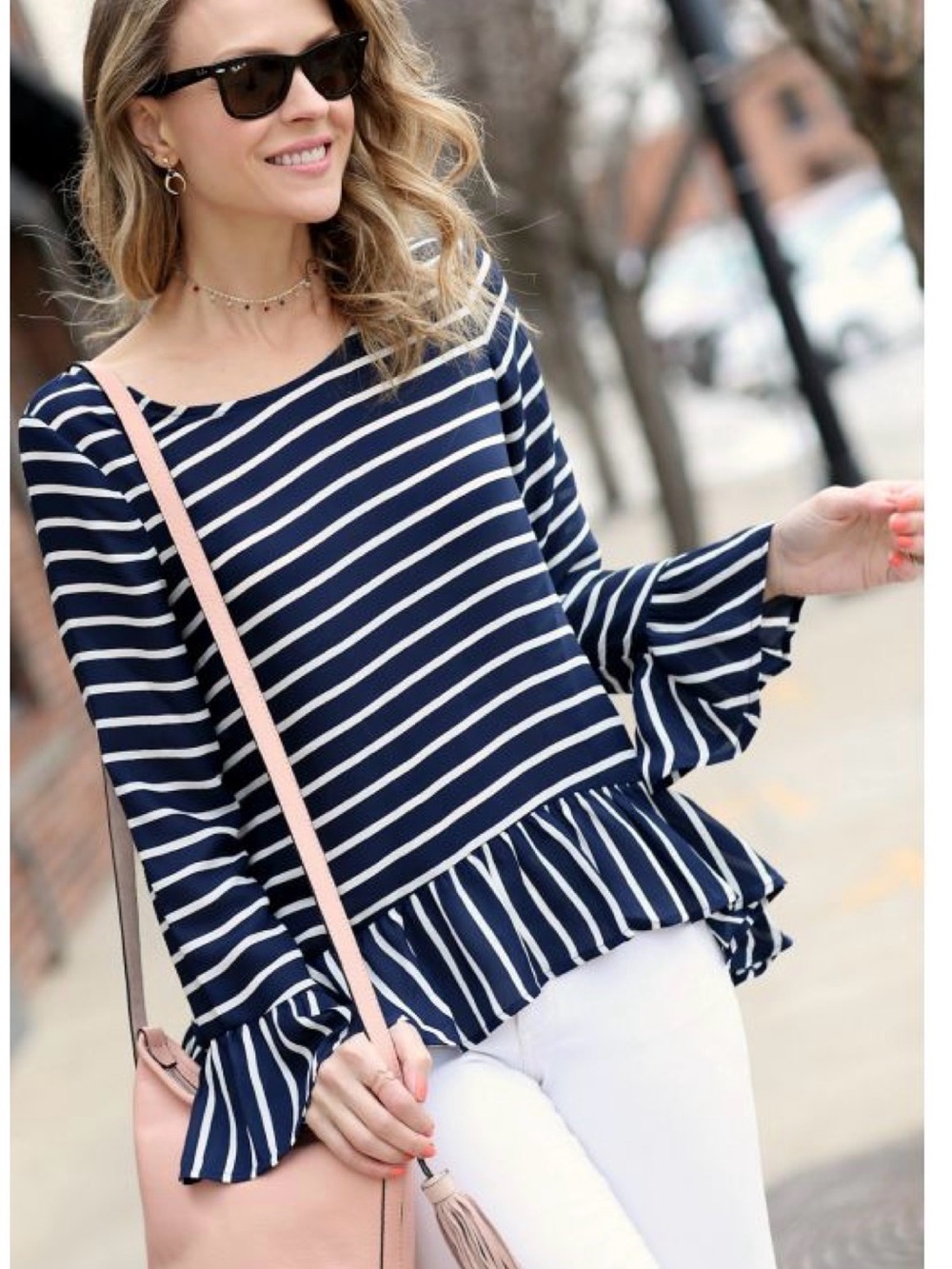 a.n.a Navy & White Striped Ruffle Hem Blouse size L (Y100)